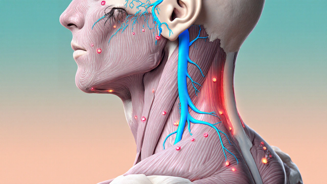 Anatomický řez zobrazující trigeminální nerv a napjaté svaly krku.
