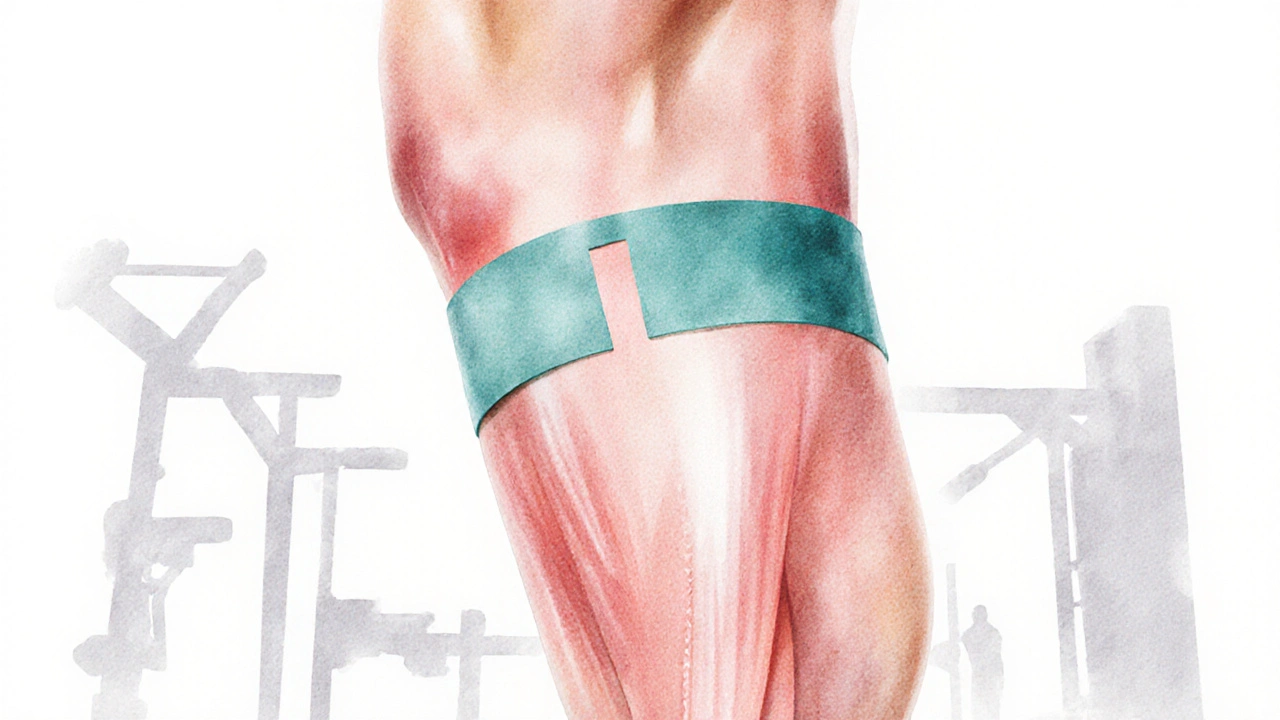 Ilustrace nohy s aplikovaným páskem na hamstring, mírně zpřítáhlá kůže.