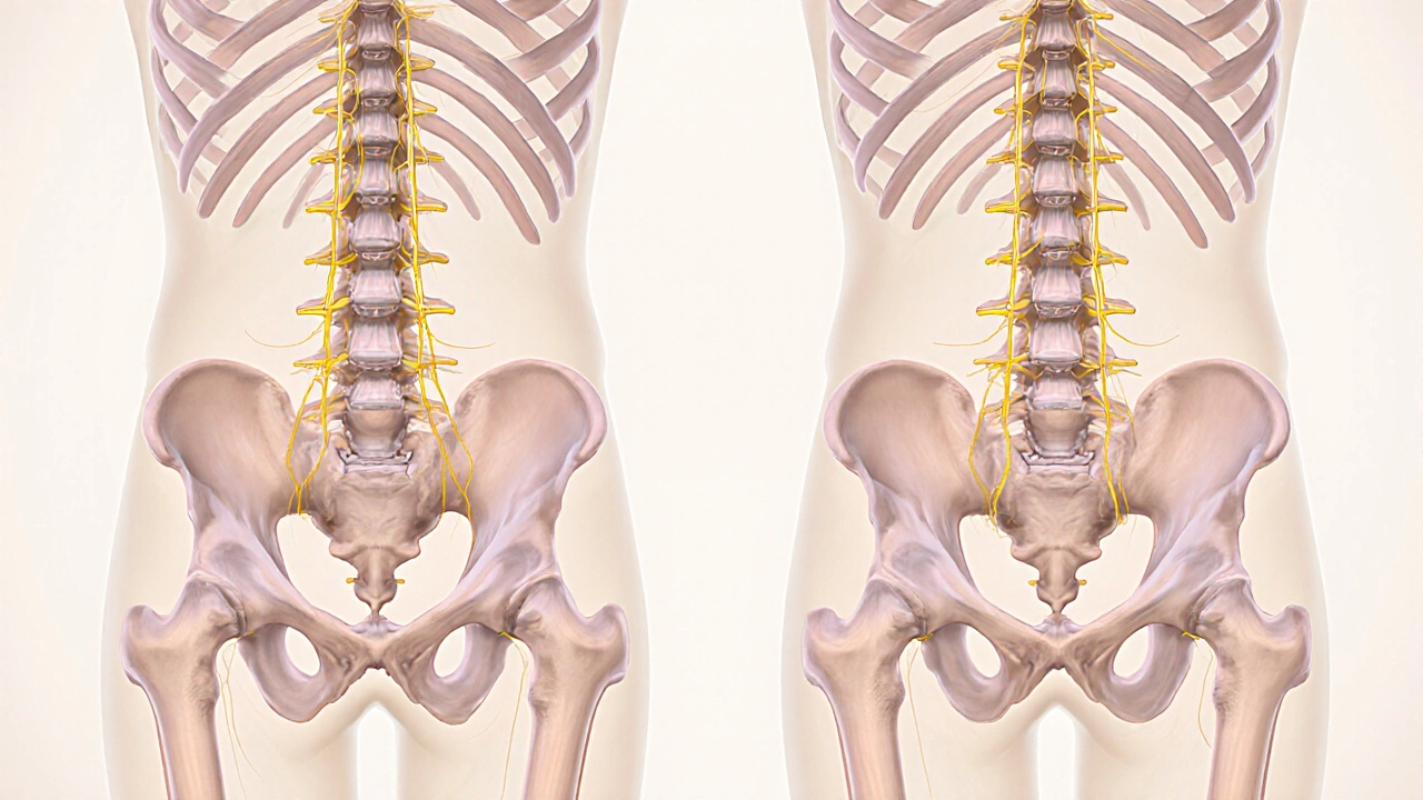 Porovnání správné a nesprávné polohy páteře a kyčle v anatomické ilustraci.