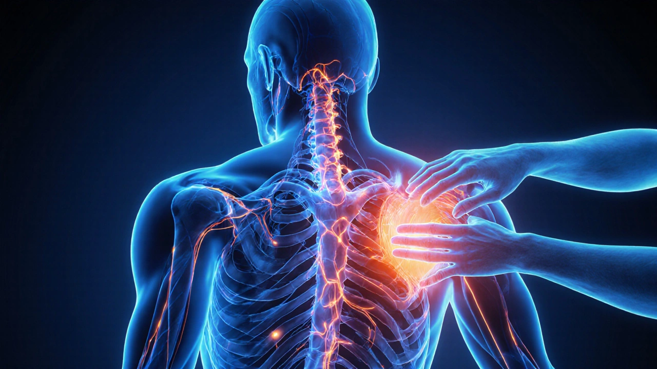 Abstraktní znázornění krevního oběhu a uvolnění svalových uzlů rukama maséře.