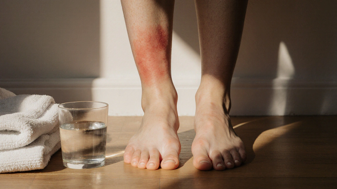 Dvě nohy vedle sebe: jedna s mírným zánětem, druhá klidná, na dřevěném podlaze.