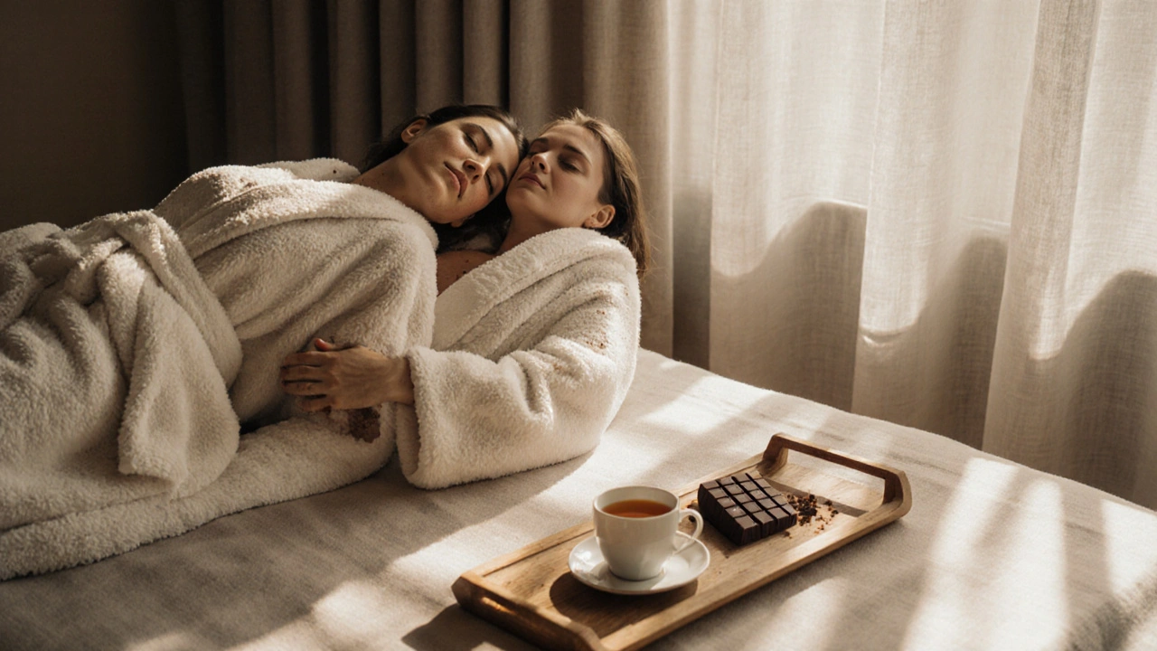 Dvojice po čokoládové masáži leží v plášťích, klidná a uvolněná, v tiché wellness místnosti.