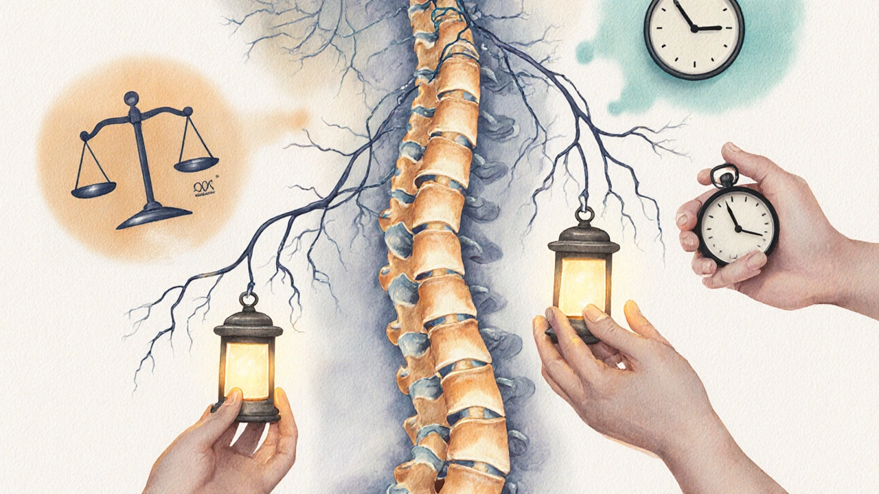 Ilustrace páteře s nervy spojujícími hormonální žlázy, jedna obratlová kost je v korekci.