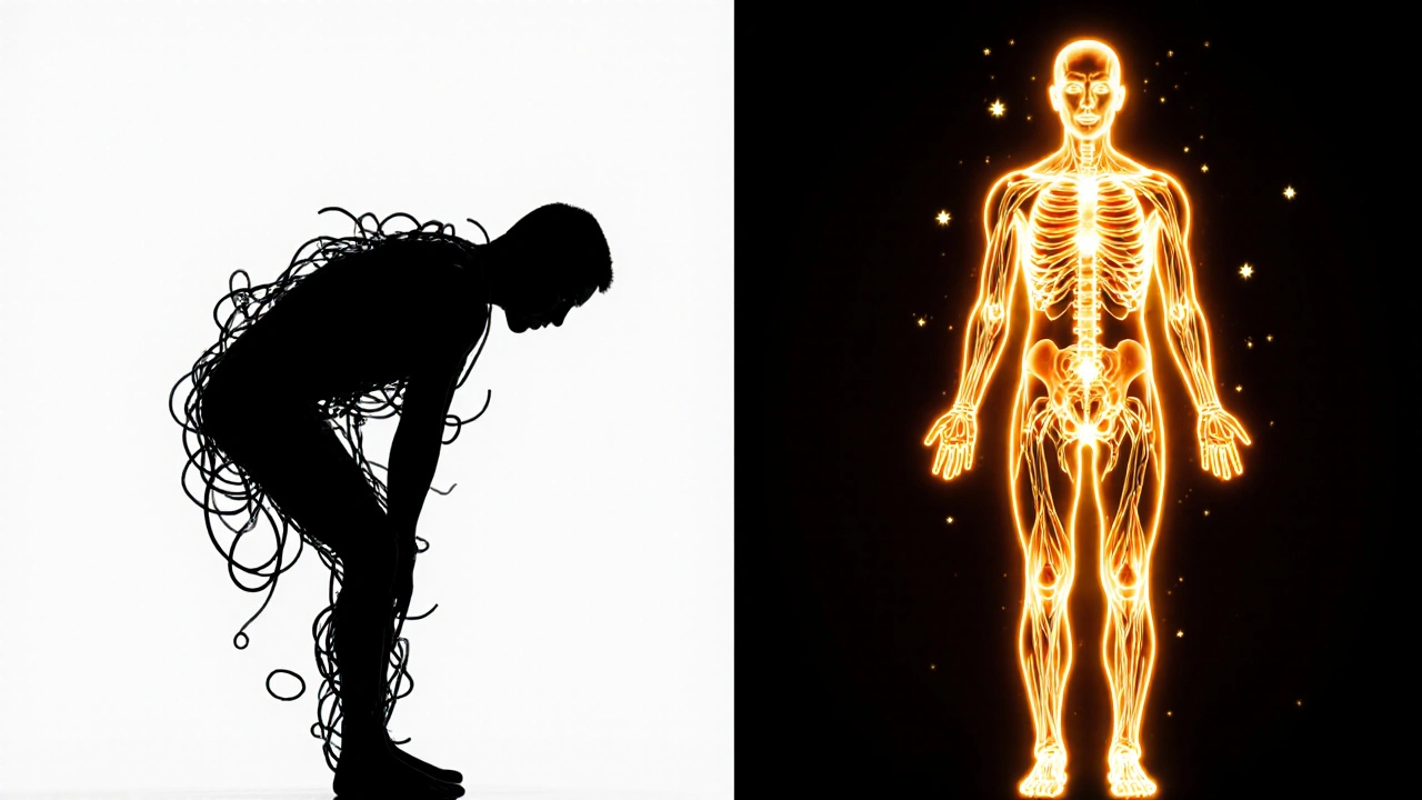 Kontrastní scéna: blokovaná energie vlevo a volně tekoucí chi vpravo, symbolizující obnovu těla.