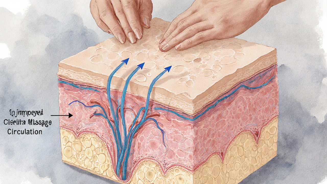 Křížový řez kůže ukazující tukové buňky tlačící na pojivová vlákna.