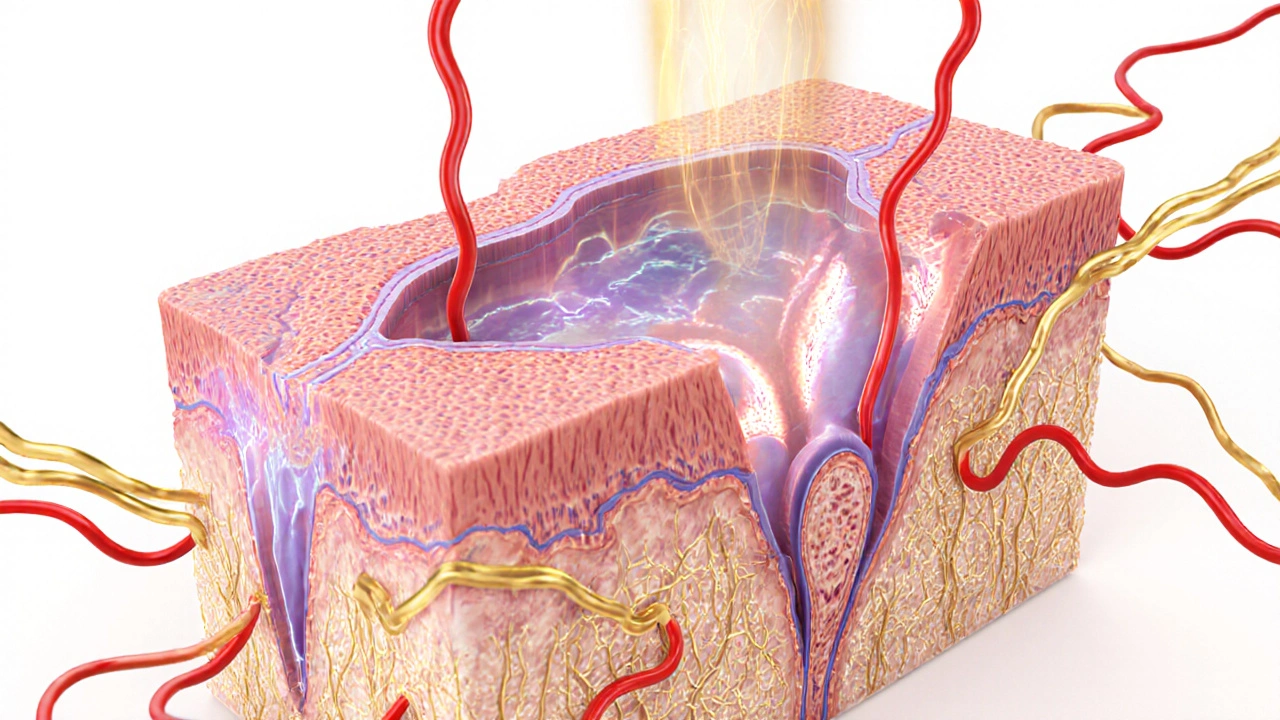 Křížový řez tkáně pod podtlakem: rozšířené kapiláry a pohyb lymfy, abstraktní znázornění zlepšeného krevního oběhu.