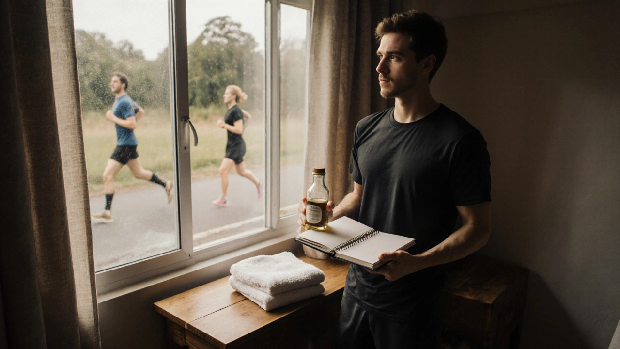 Masér drží základní vybavení u jednoduchého masážního stolu v domácím prostředí.