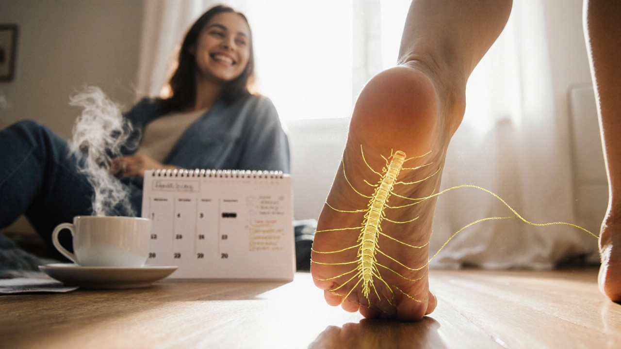 Pára nohou na dřevěném podlaze, zlatá nit spojuje chodidlo s páteří a hormonálními žlázami.