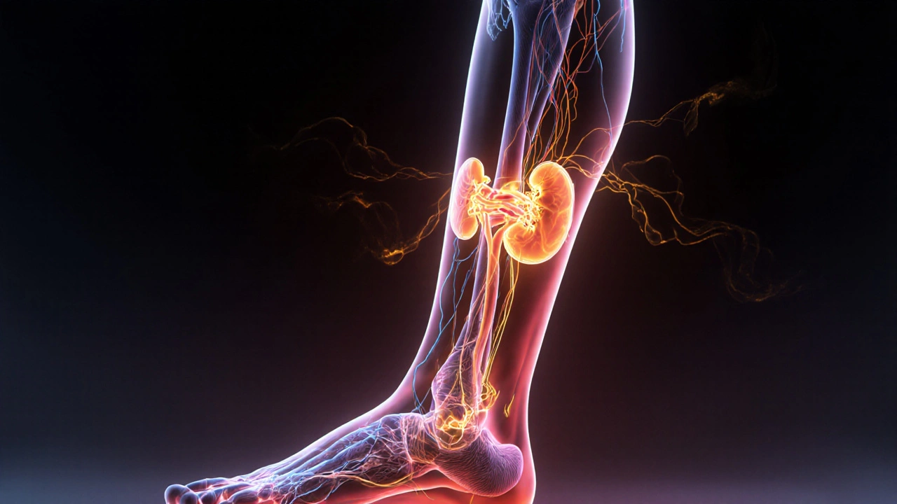 Přehledová ilustrace nervových spojení mezi lýtkem a vnitřními orgány.