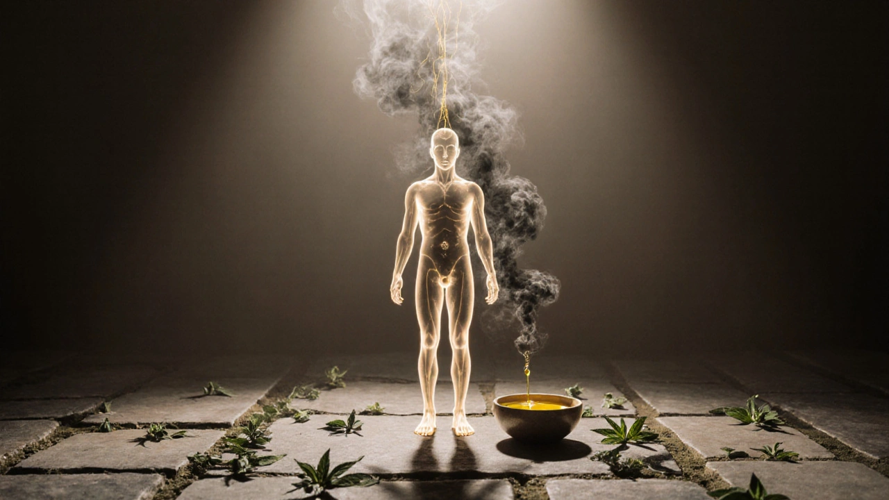 Průhledná silueta člověka s temnými toxiny vytékajícími z těla do zlatého světla.