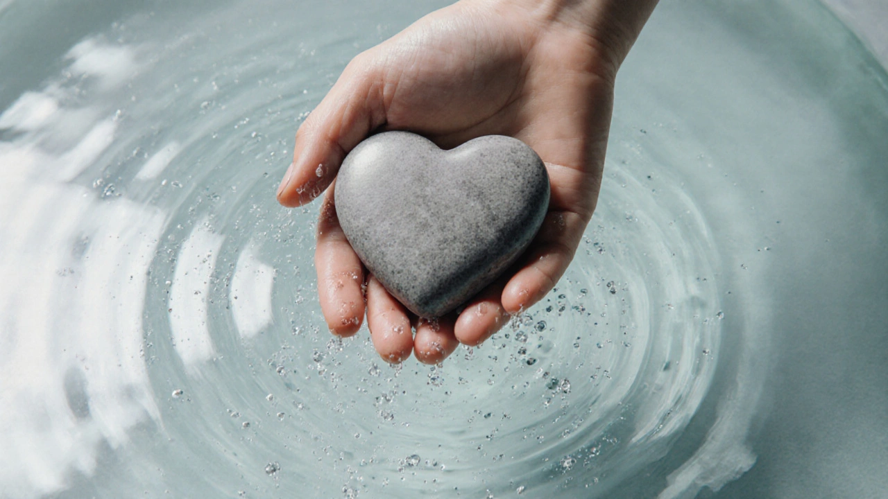 Ruce drží kámen ve tvaru srdce ve vodě, která se vlní od jemného dotyku.