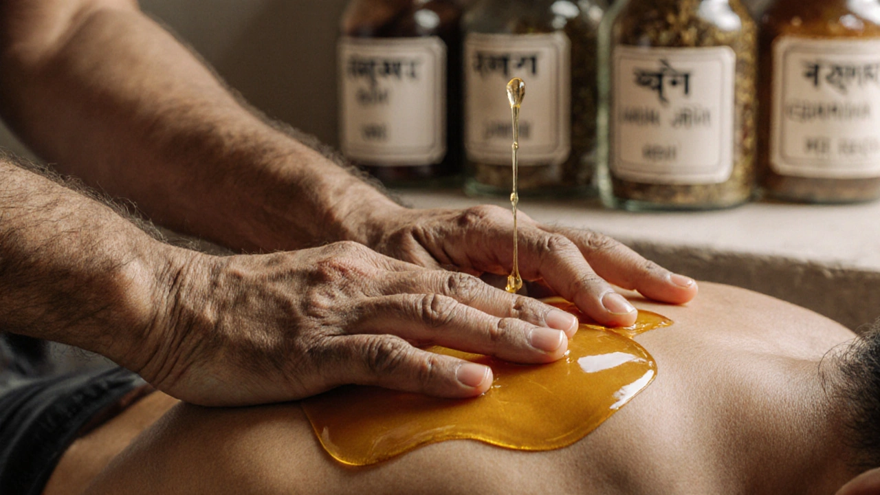 Ruce maséře pomalu masírují záda, rozšiřujíce teplý bylinný olej po kůži.