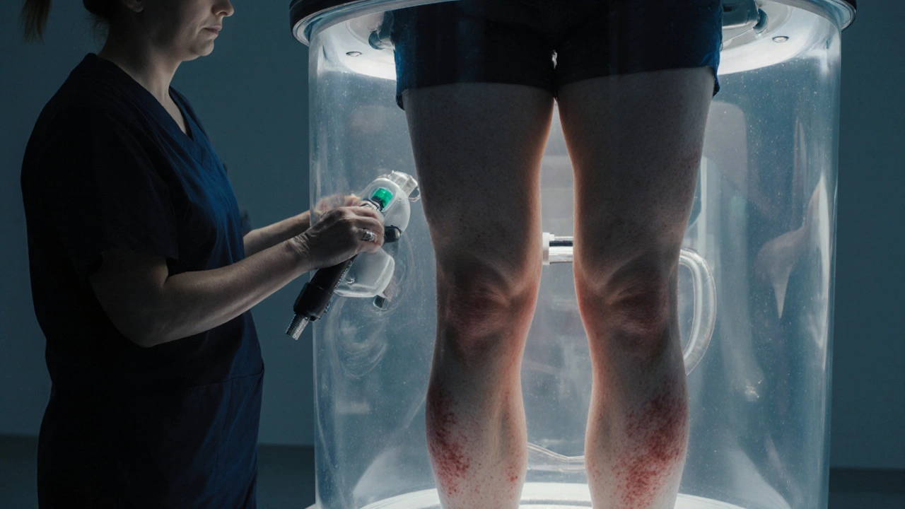 Terapeut upravuje vakuovou kabinu pro nohy pacienta, viditelné jemné modřiny a klinické prostředí.
