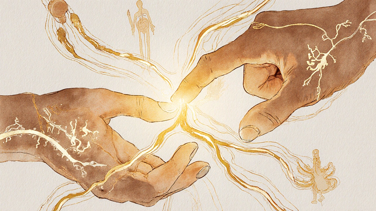 Umělecký nákres neviditelných energetických kanálů (meridiánů) v těle, spojujících orgány s akupresurními body.