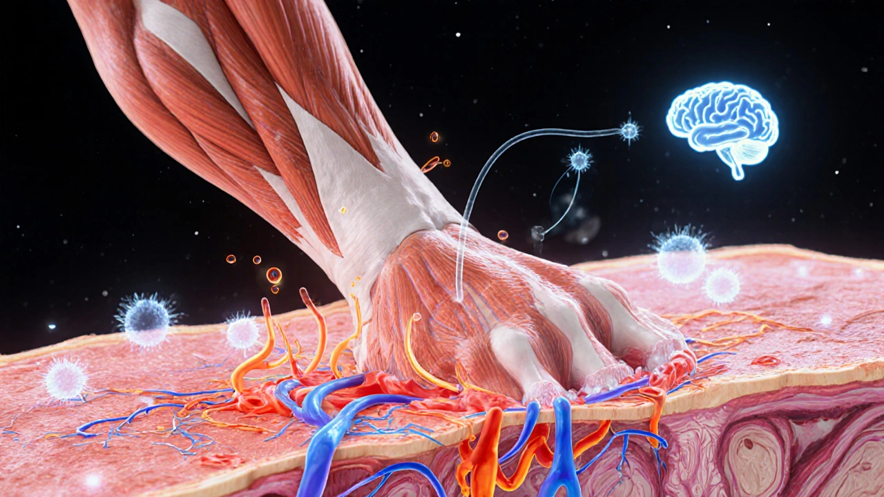 Vnitřní pohled na svalové vlákna a lymfatický tok při masáži.