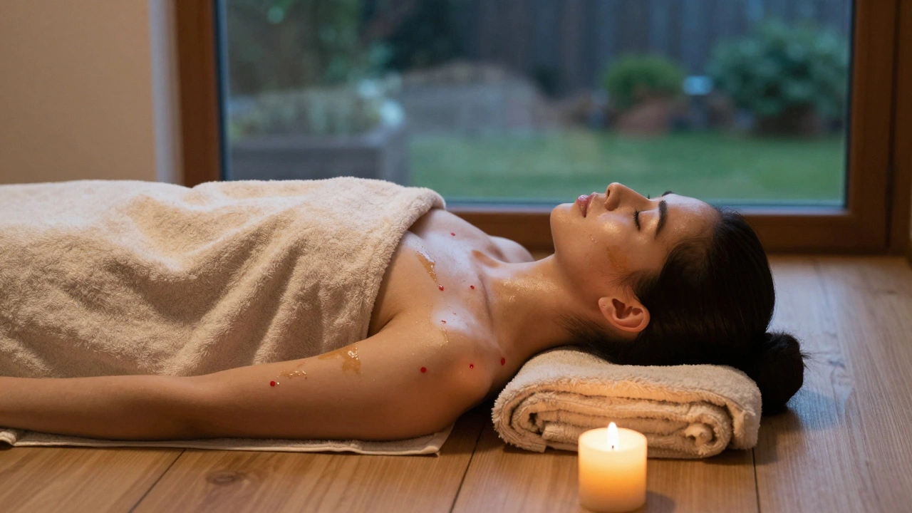 Klient po masáži odpočívá v klidu, obalený v ručníku, s jemnými stopami oleje na kůži.