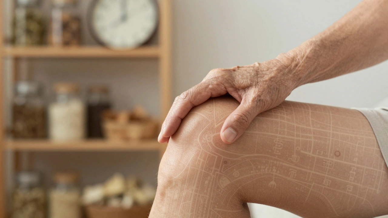 Konceptuální snímek ruky starého člověka s překrývajícími se čínskými energetickými cestami na kůži.