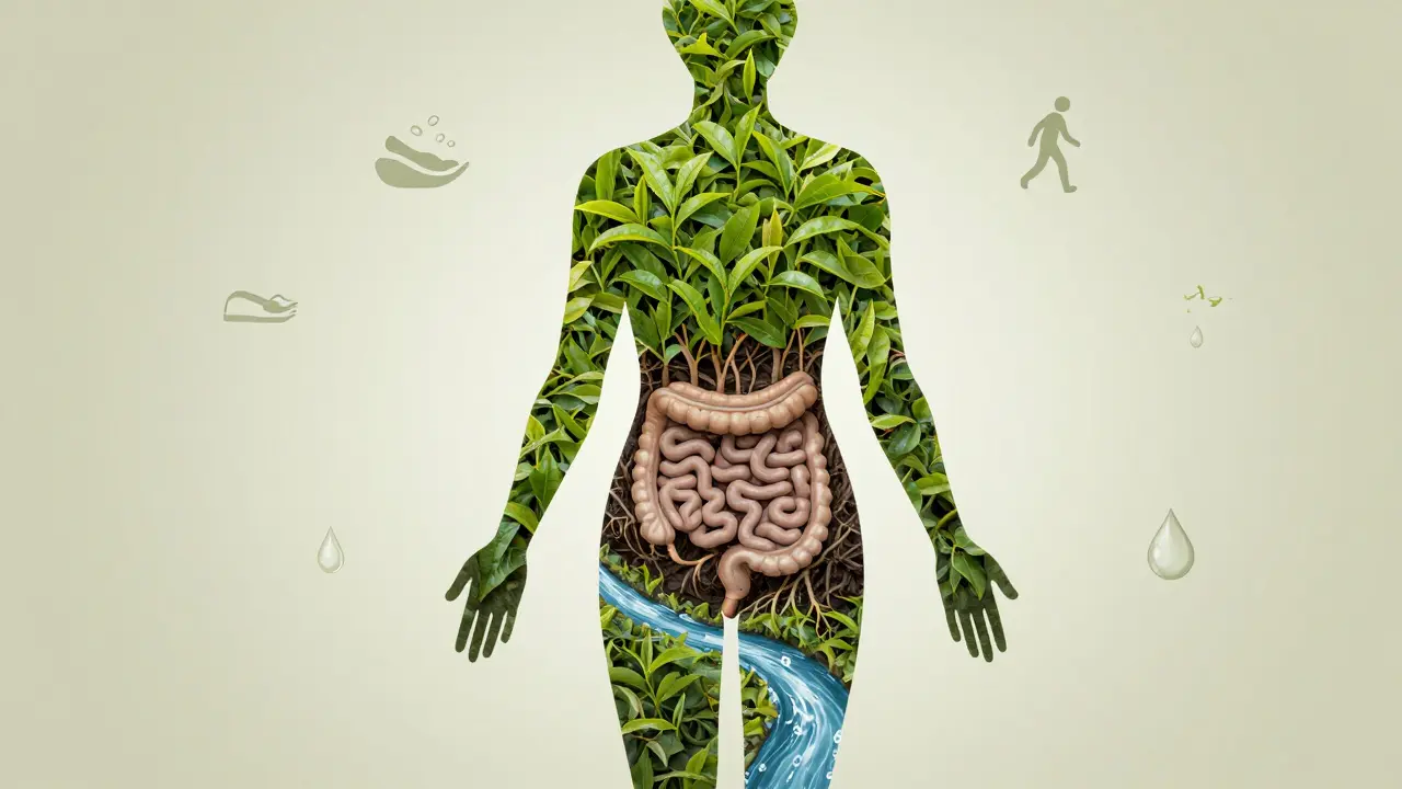 Kontur lidského těla vyplněná čajovými listy a kořeny, symbolizující zdravé trávení a životní styl.