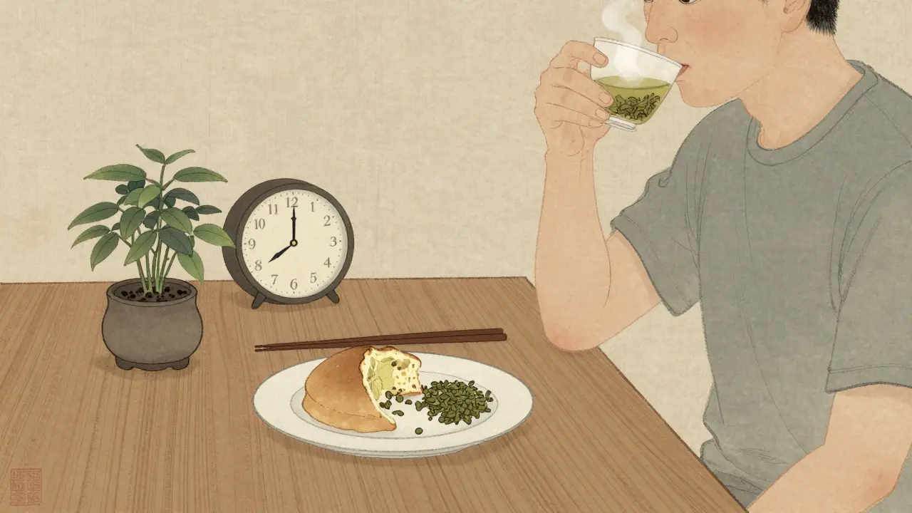 Osoba pije oolong čaj po obědě, klidná scéna s jídlem a hodinami na pozadí.