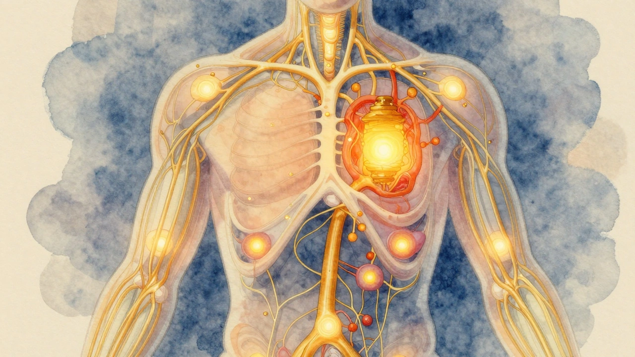 Přehled těla s osvětlenými marma body a tokem oleje podporujícím lymfatický systém.