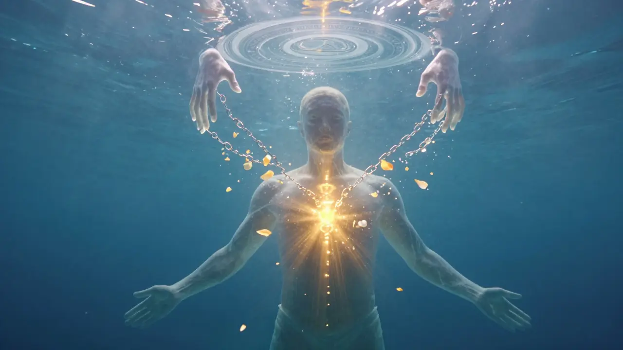 Surreální obraz člověka v modré vodě, z jeho hrudníku vychází zlaté světlo, kolem něj plavou květy a symboly.