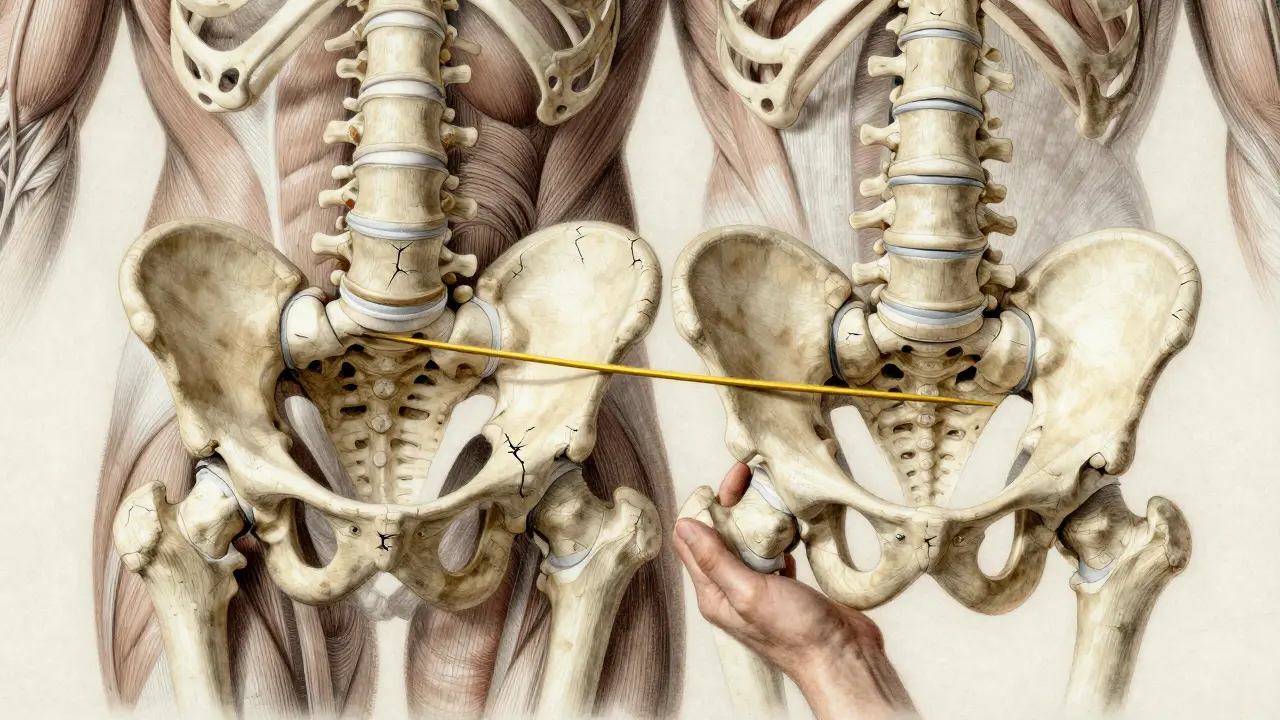 Symbolický obraz vyrovnání pánve jako opravy poškozeného základu těla.