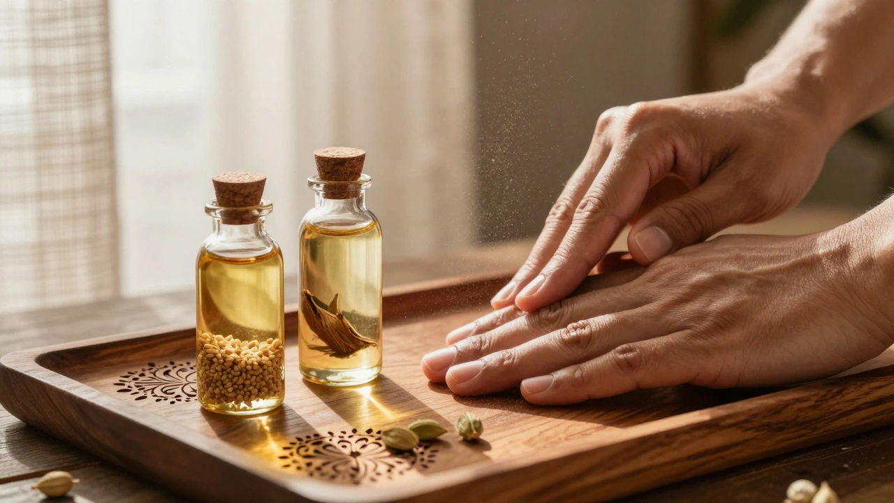 Tři bylinné oleje v skleněných lahvičkách na dřevěném podnosu, symbolizující přizpůsobení podle typu dosha.