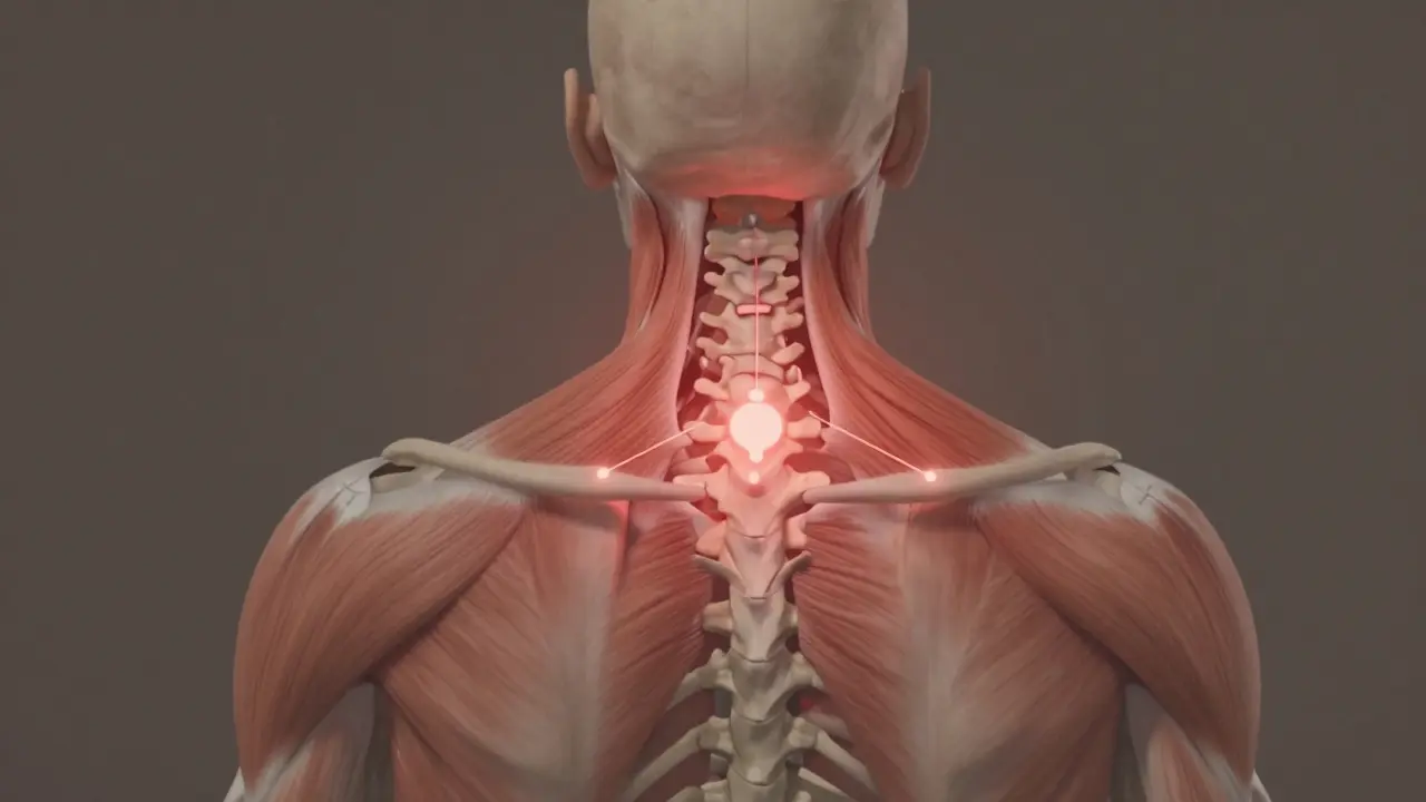 Tři klíčové body v krku a ramenách spojené s migrénou, znázorněné jemnými světelnými čarami.