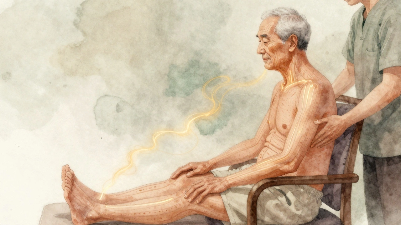 Vodová barva ilustrace ukazující průběh energetických meridiánů pod kůží starého muže během masáže.