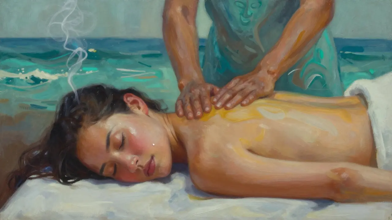 Žena v hluboké relaxaci s jednou slzou na tváři, kolem ní proudí abstraktní energie a vlny lásky.