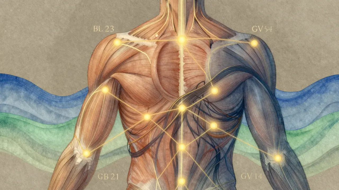 Abstraktní vyobrazení energetických meridiánů na zádech s jemně svítícími body tlaku.