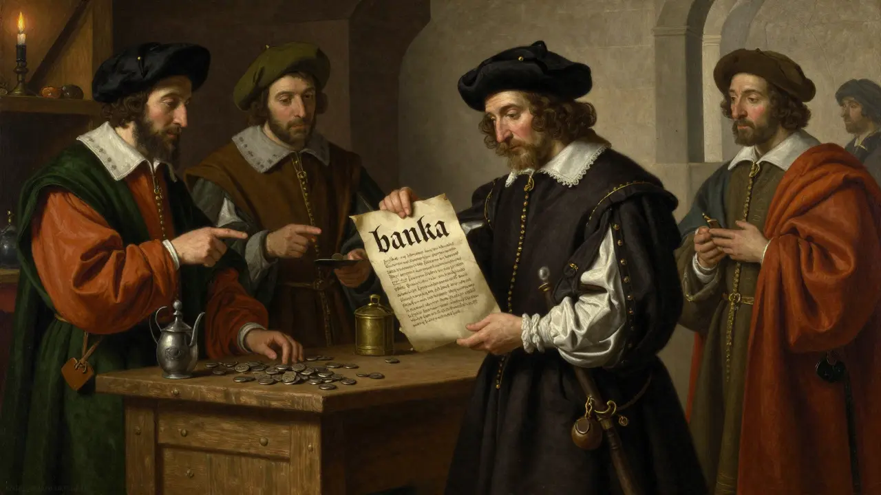 Český obchodník s listinou s výrazem 'banka' u dřevěného stolu v Praze, italští obchodníci pozorují.