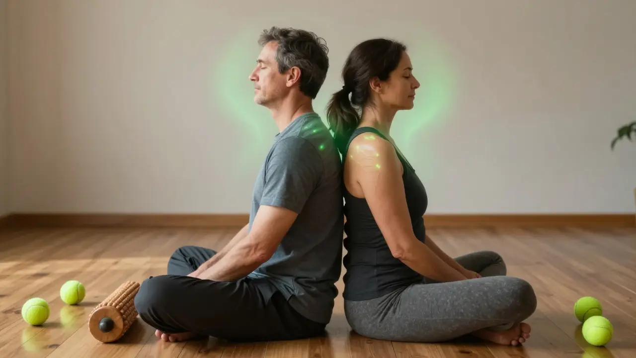 Dva lidé sedí zády k sobě, uvolněně a klidně, s masážními pomůckami kolem nich.