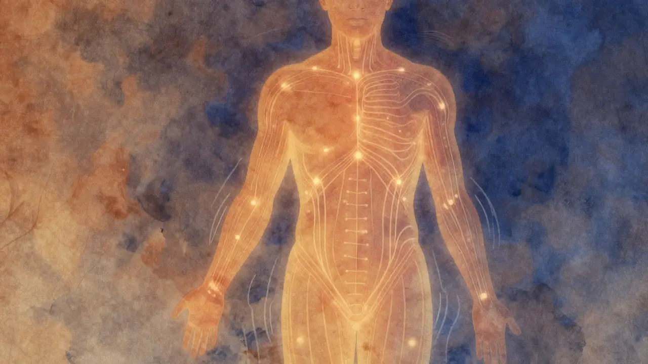 Glowing energetické meridiány na těle osoby při shiatsu masáži.