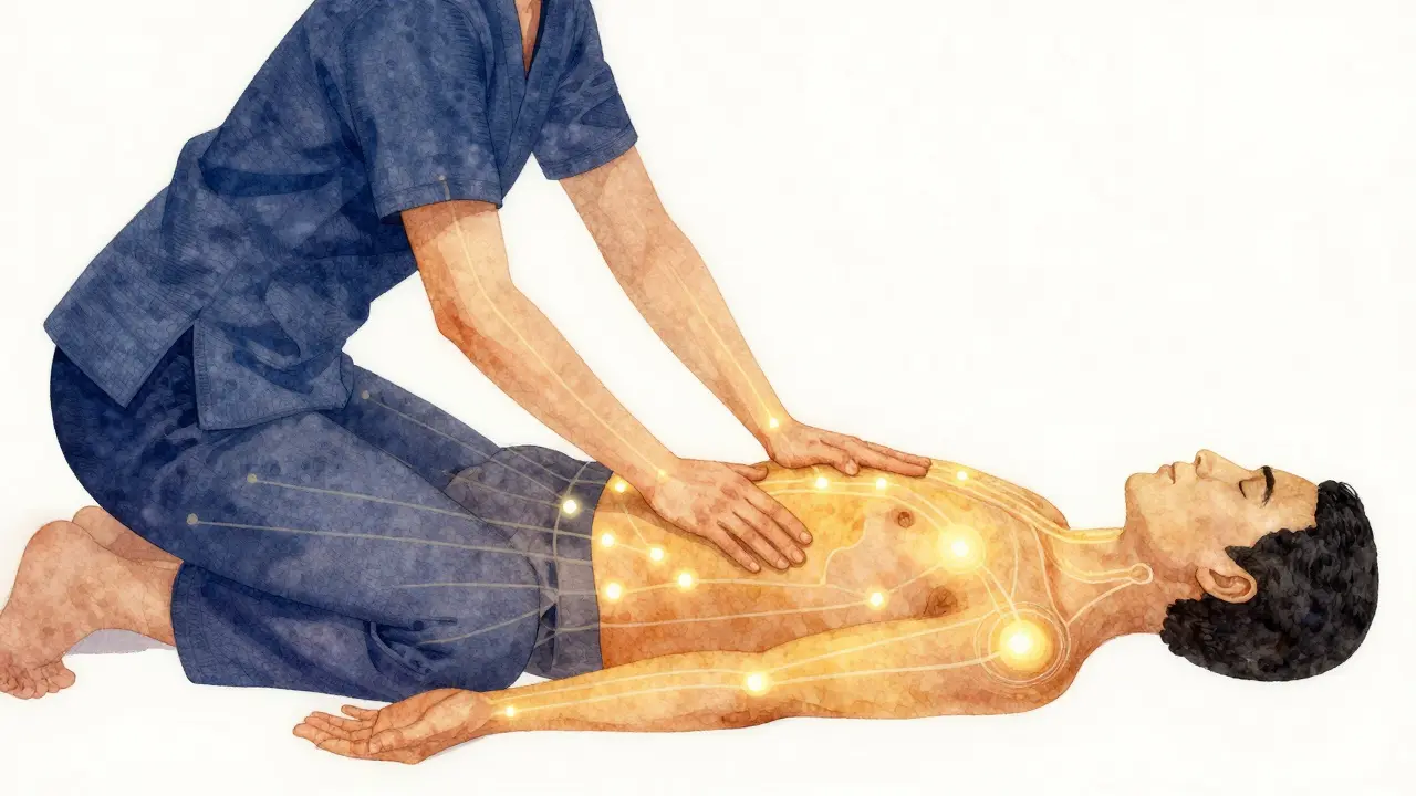Glowing energy lines na těle při thajské masáži, symbolizující proudění energie a uvolnění napětí.