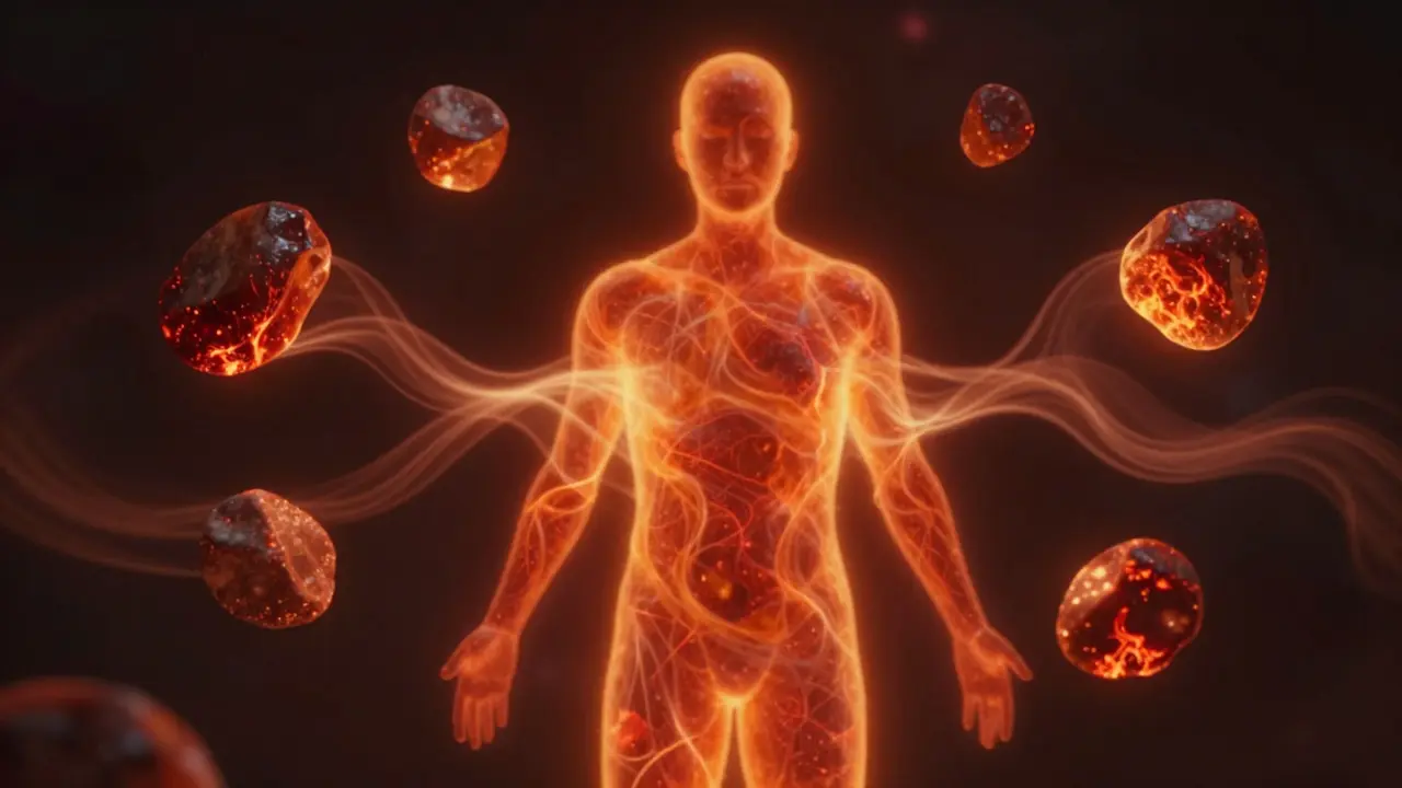 Kontemplativní scéna s plavajícími svítícími lávovými kameny vyzařujícími teplo do těla.