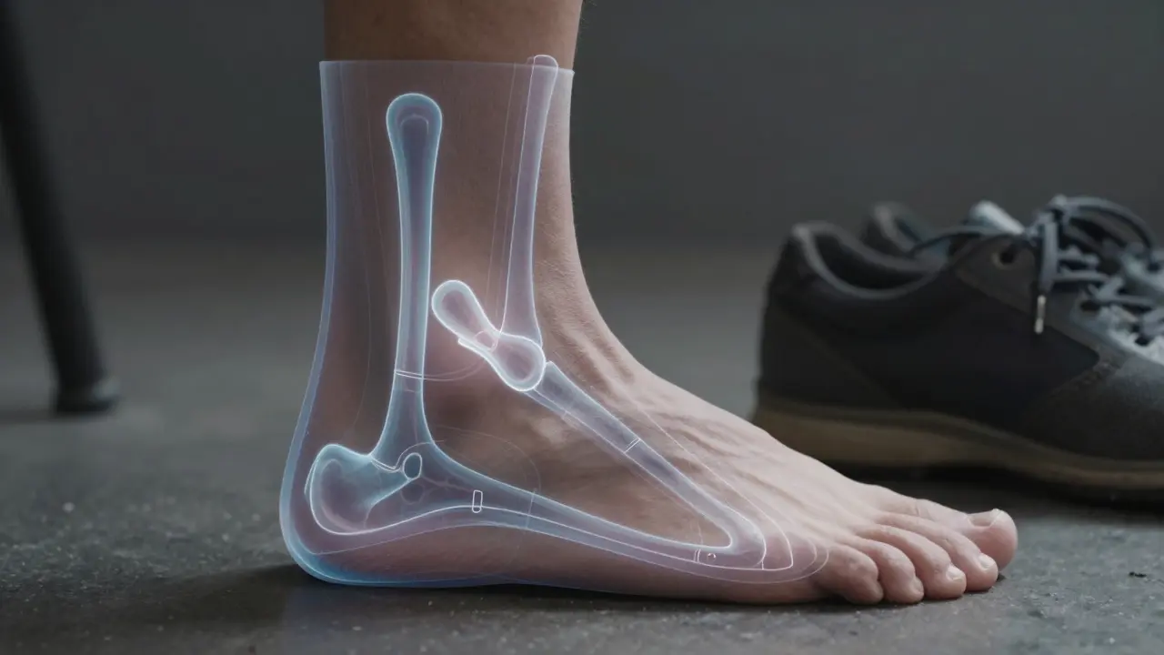 Kotník s grafickým znázorněním podpůrných vzorů tejpování.