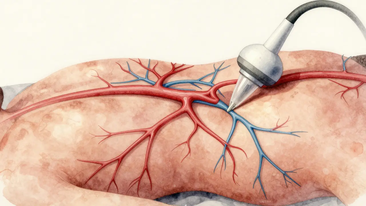 Křivky krve a lymfy proudí pod kůží v oblasti zádů, znázorňující zvýšený oběh během vakuoterapie.