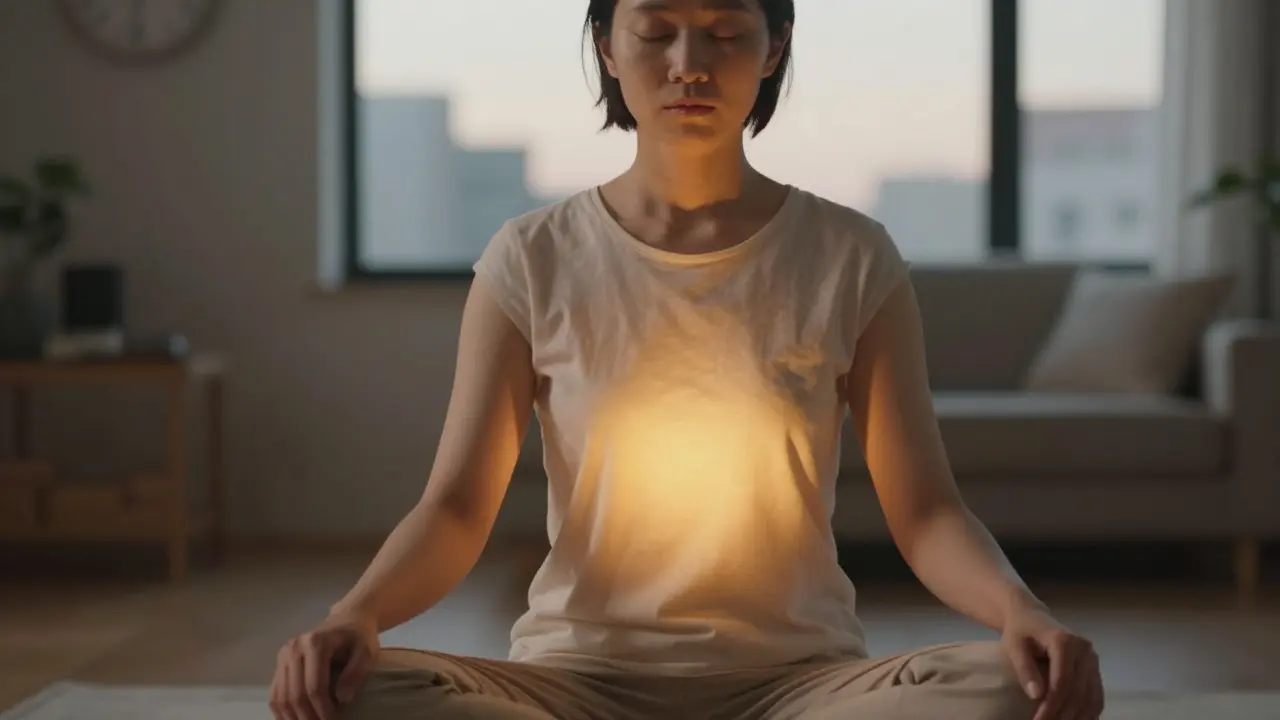 Osoba sedí v klidu po seanci shiatsu, cítí se uvolněná a vyrovnaná.