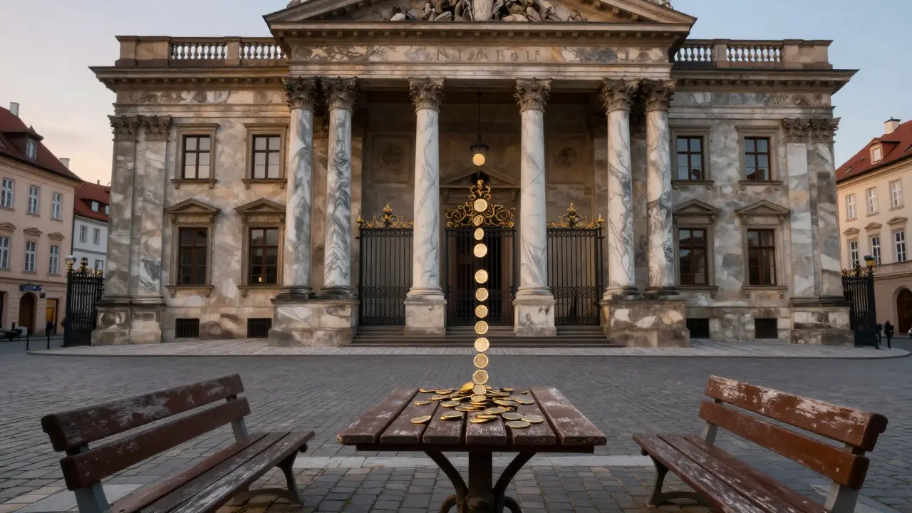 Přechod od dřevěné lavice k historické budově banky v Praze, spojené zlatým proudem mincí.