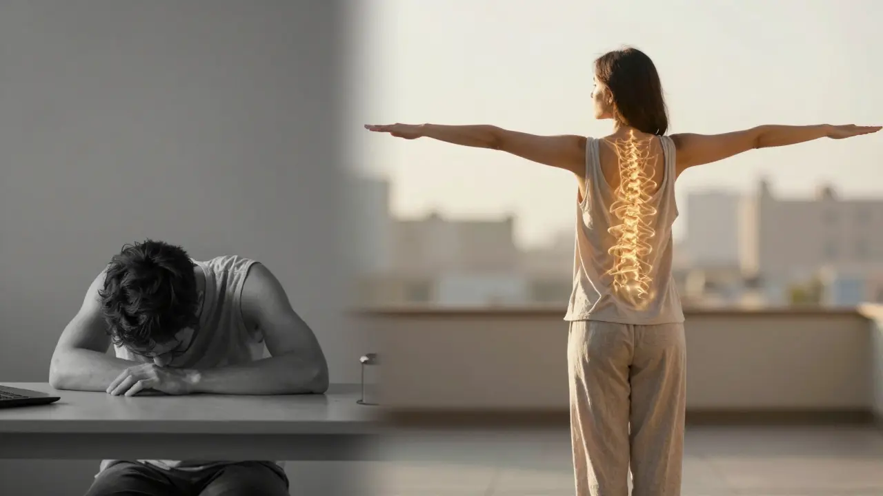 Před a po thajské masáži: zhouplý postoj vs. otevřená, uvolněná pozice v teplém světle.