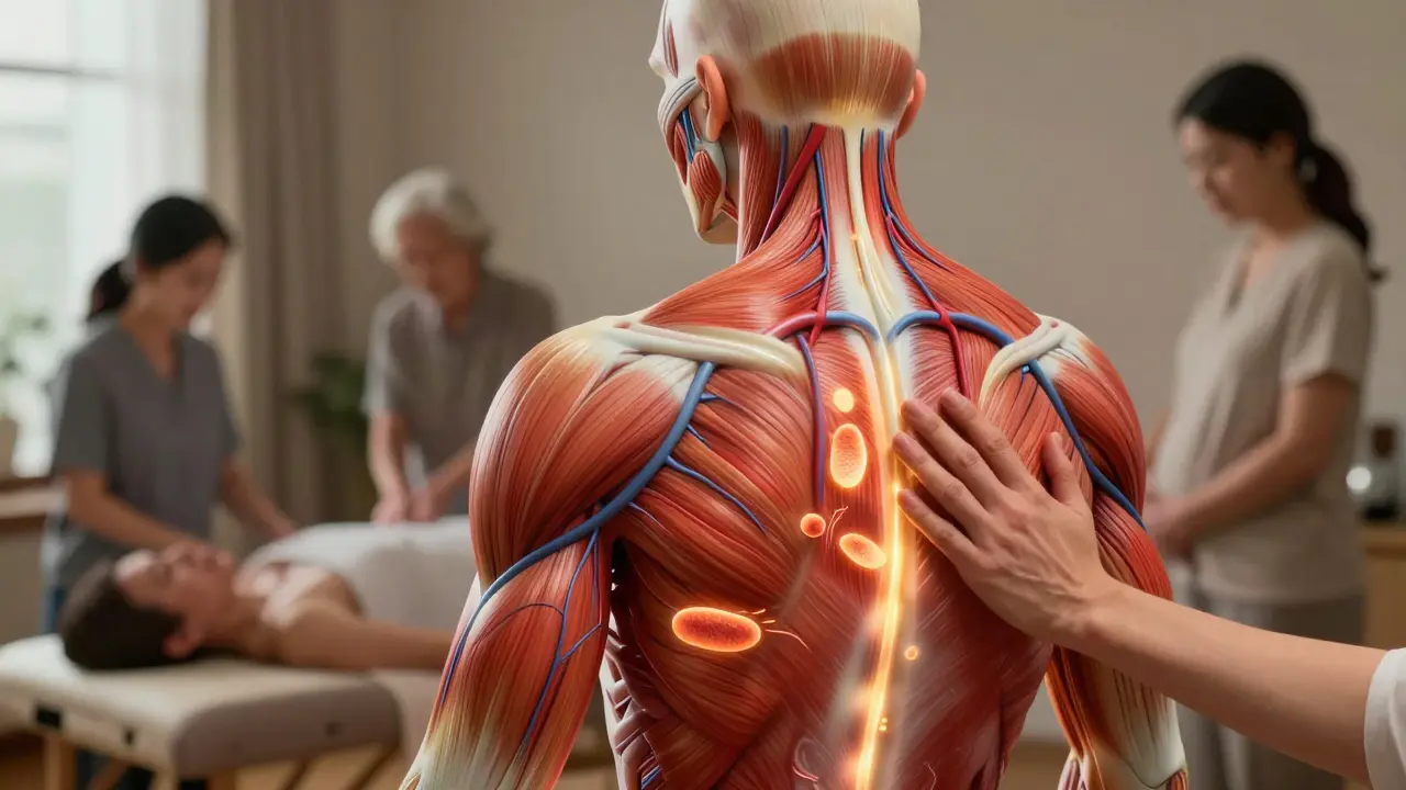 Průřez lidského těla ukazující zvýšenou krevní cirkulaci a mitochondrie při masáži.