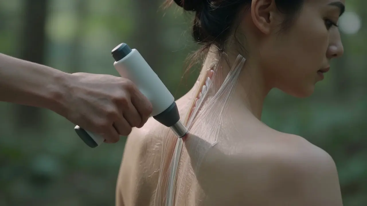 Ruce ukládají vakuumovou nástrku na rameno, zatímco napjaté svalové vlákna jsou jemně uvolňována.