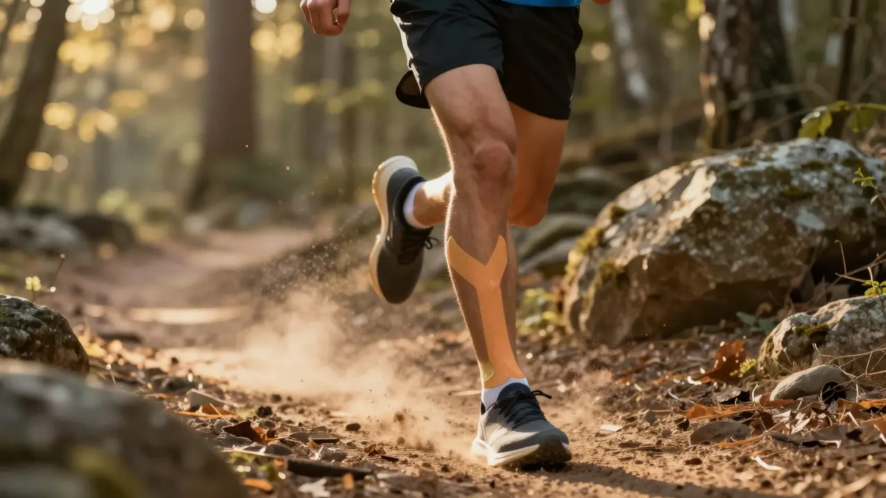 Sportovec běží po lesní cestě s tejpem na kotníku.