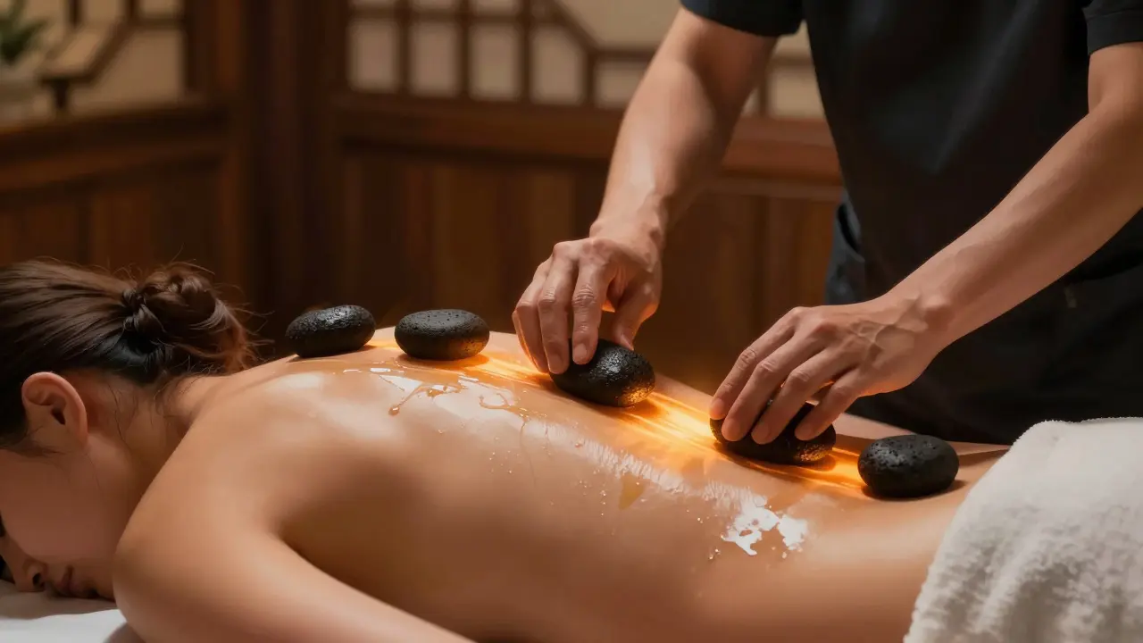 Terapeut pohybuje teplými lávovými kameny po zádech klienta při masáži.