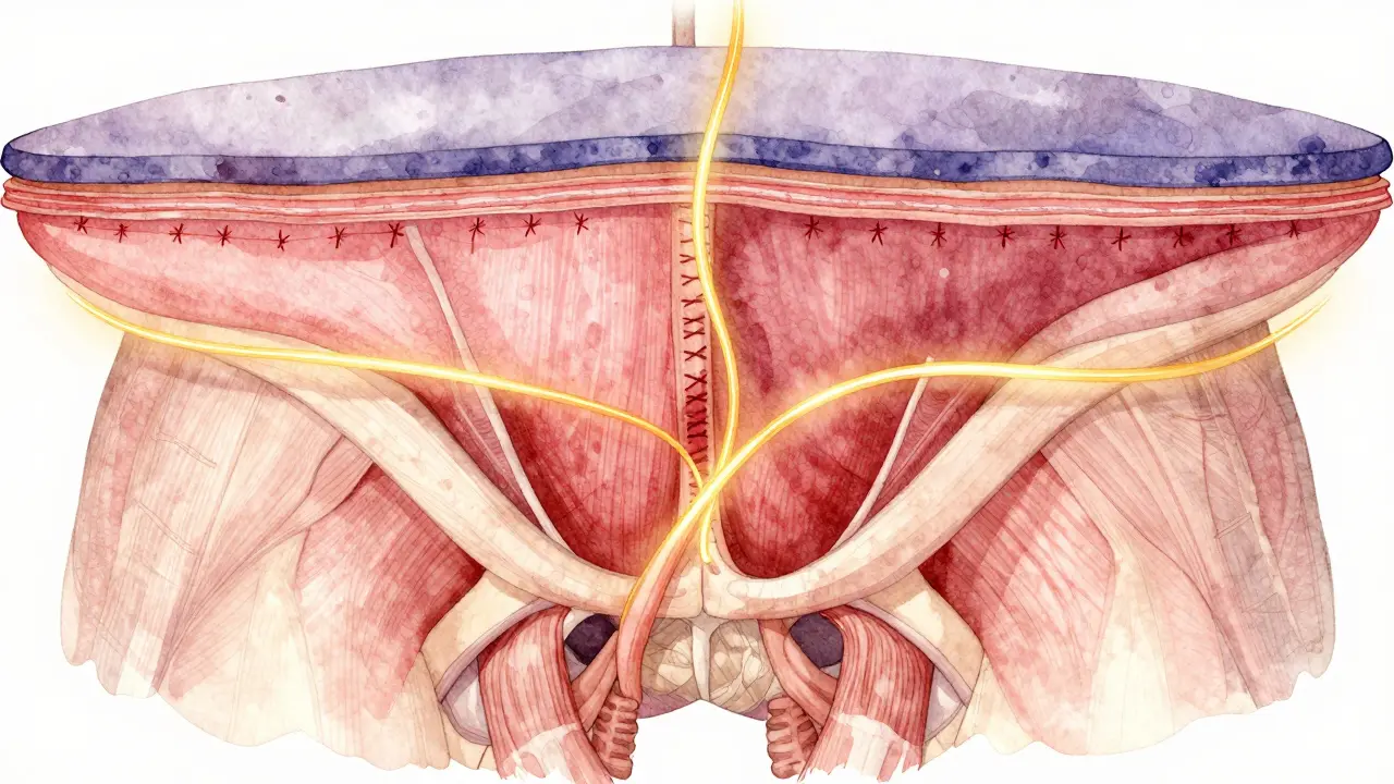 Ukázka vrstev hojení po porodu: kůže, švy a svaly v přechodu od červené k zelené barvě, symbolizující obnovu tkání.
