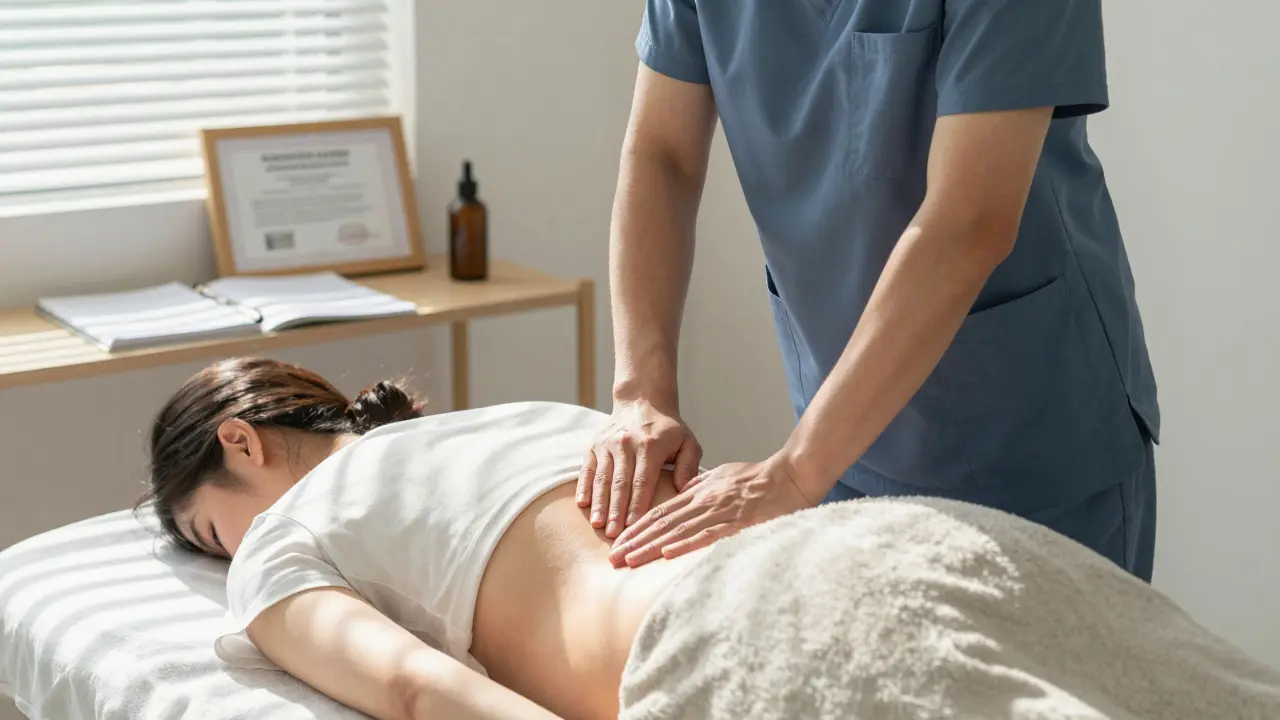 Zdravotní masér masíruje těhotnou ženu na speciální lůžce v klidném prostředí.