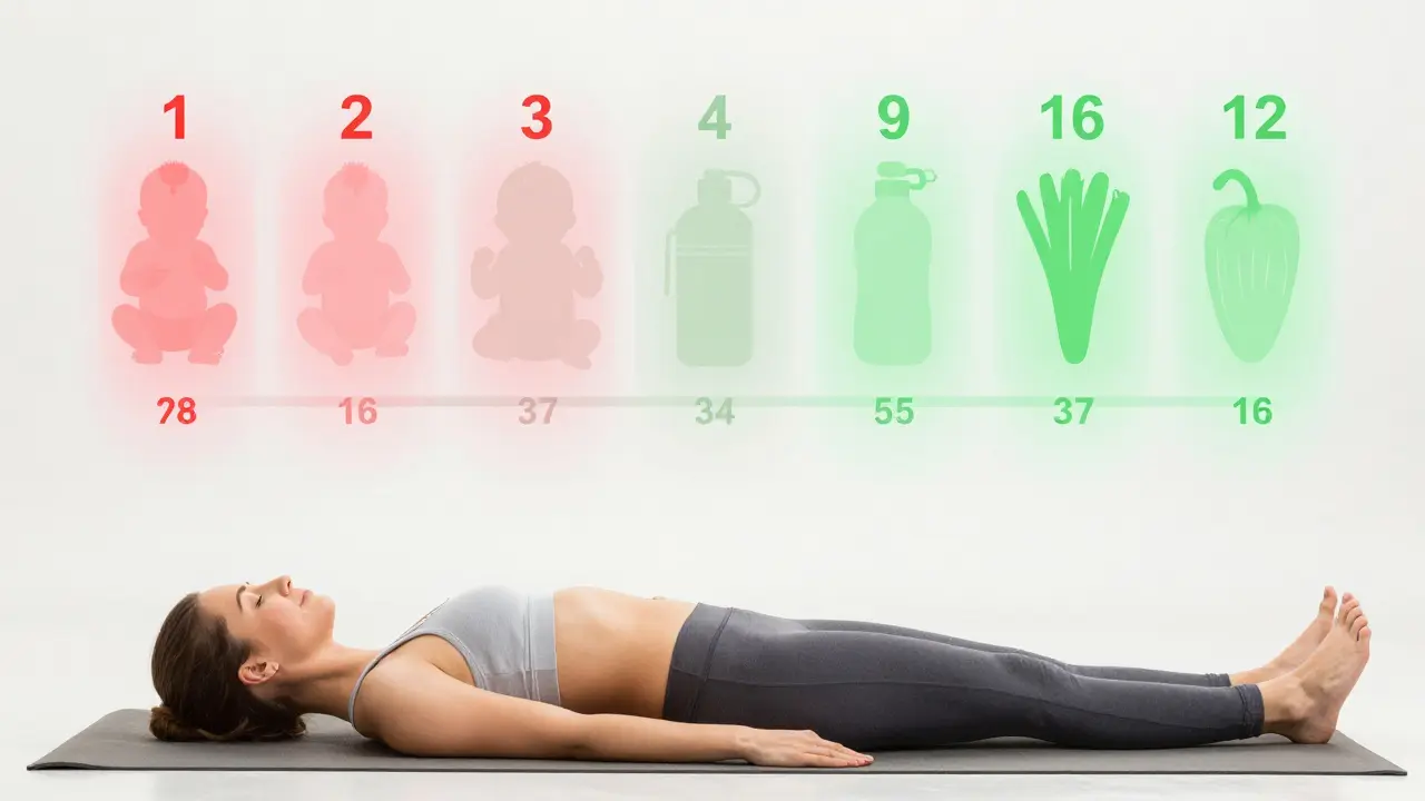 Žena dělá jemné cvičení pánve, ruka na břiše, za ní průběh hojení od týdne 1 do 12 ve výrazně jemných tónech.