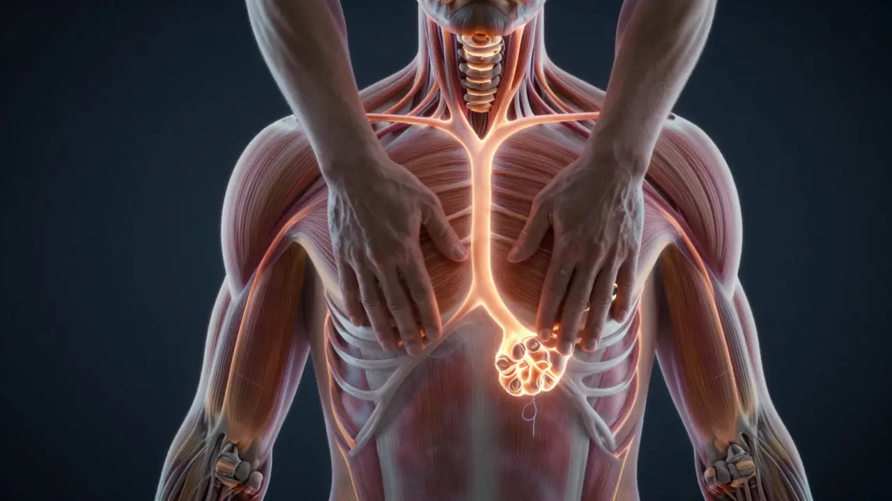 Abstraktní znázornění uvolnění svalových uzlů a zlepšení krevního oběhu.