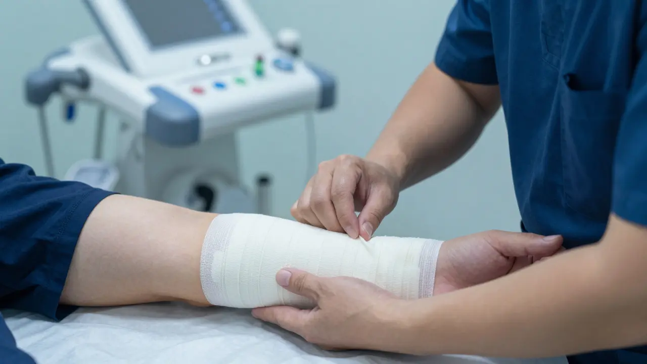 Fyzikální terapeut baluje kompresní obvaz na paži pacienta